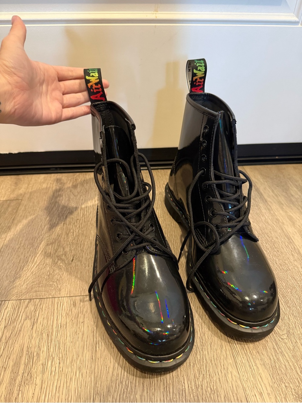 Dr. Martens Black Patent Lace-Up Boots with Iridescent Rainbow Welt - Picture 4 of 6